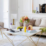 Table basse salon, marbre blanc & métal doré