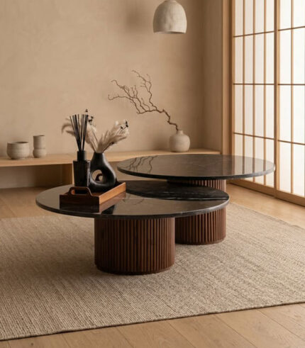 Duo de Tables Basses Gigognes en Marbre et Bois Massif